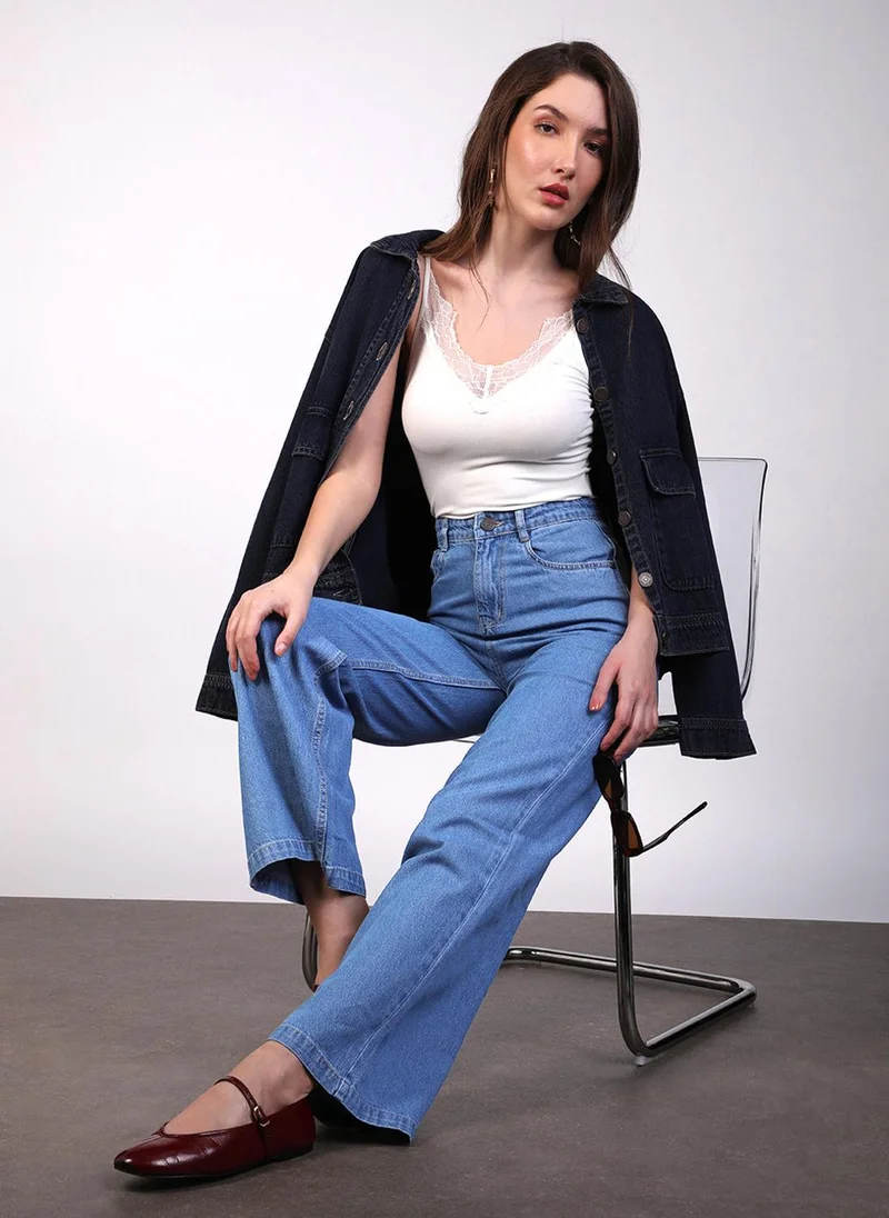Urbano Fashion  Urbano Fashion Women's Ice Blue Regular Fit Wide Leg Washed Jeans for Women | Best Price UAE